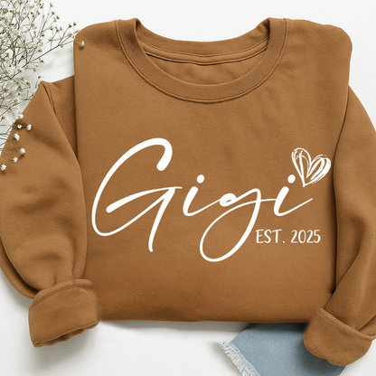 Gigi Est. 2025 Sweatshirt, Personalized Grandma Announcement Tee