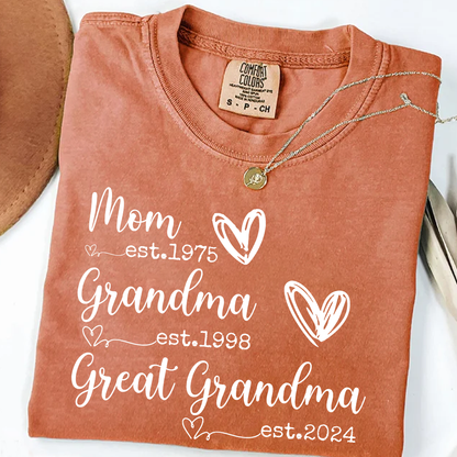 Personalized Grandma Shirt Mom Grandma Great Grandma Est Year Design, Custom Family Generation Shirt With Names or Years, Meaningful Family Keepsake Apparel for Women
