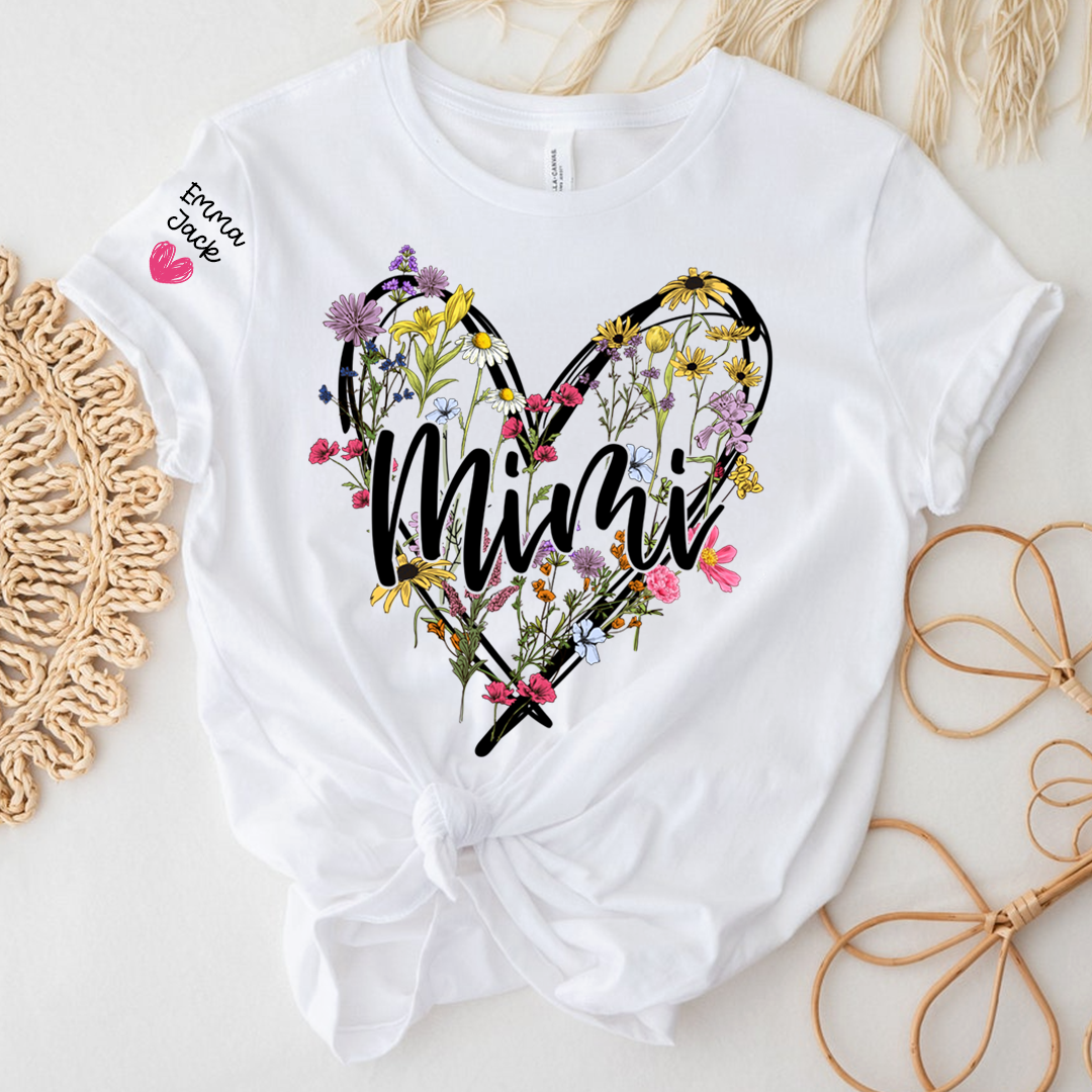 Personalized Mimi Shirt with Grandkids Names, Floral Heart Design Family Tee