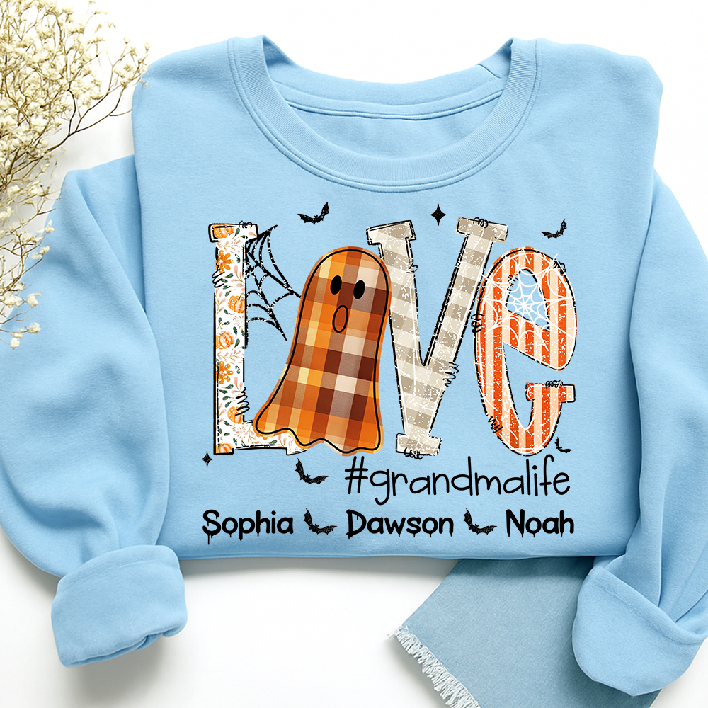 Personalized Grandma Halloween Outfit, Cute Ghost Sweatshirt with Grandkids Names