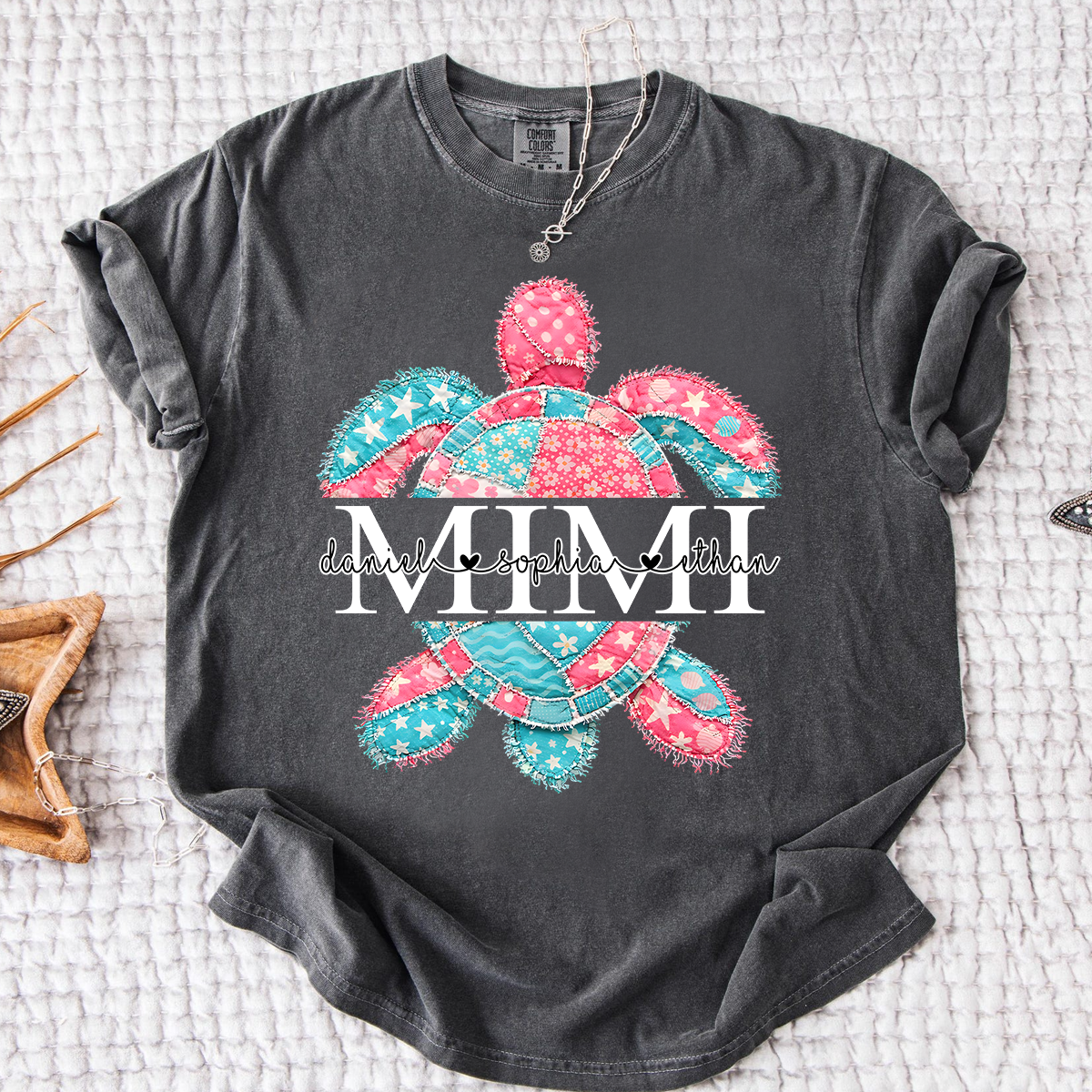 Comfort Colors Personalized Mimi Sea Turtle Shirt with Grandkids Names, Custom Grandma Beach T Shirt for Women, Coastal Family Gift