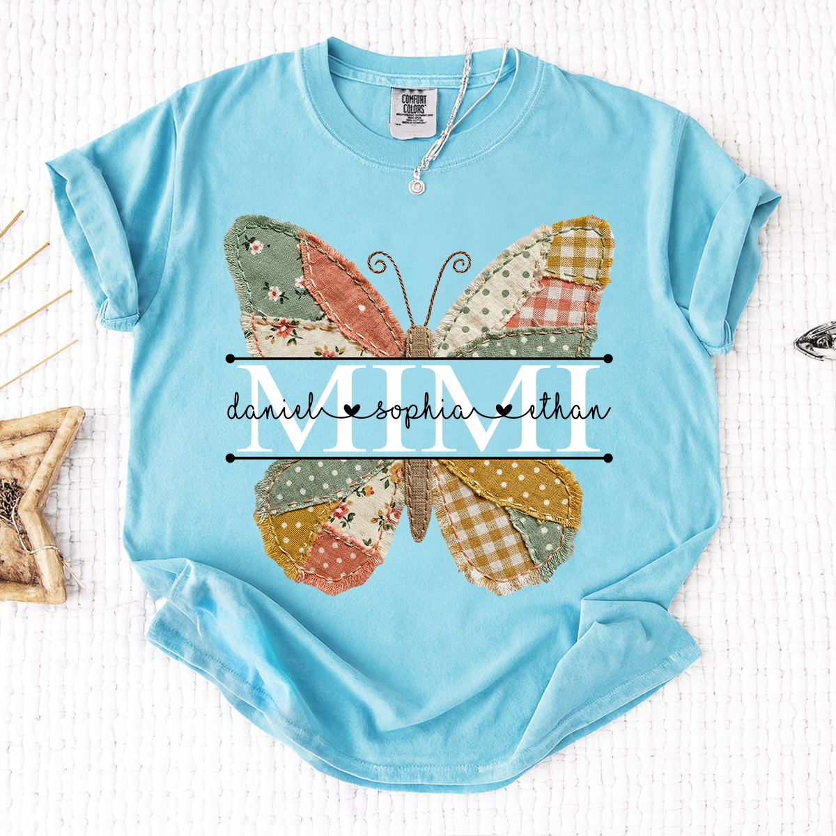 Comfort Mimi Butterfly Shirt, Custom Grandkids Names with Colorful Patchwork Butterfly Design