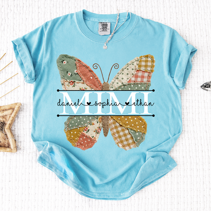 Comfort Mimi Butterfly Shirt, Custom Grandkids Names with Colorful Patchwork Butterfly Design
