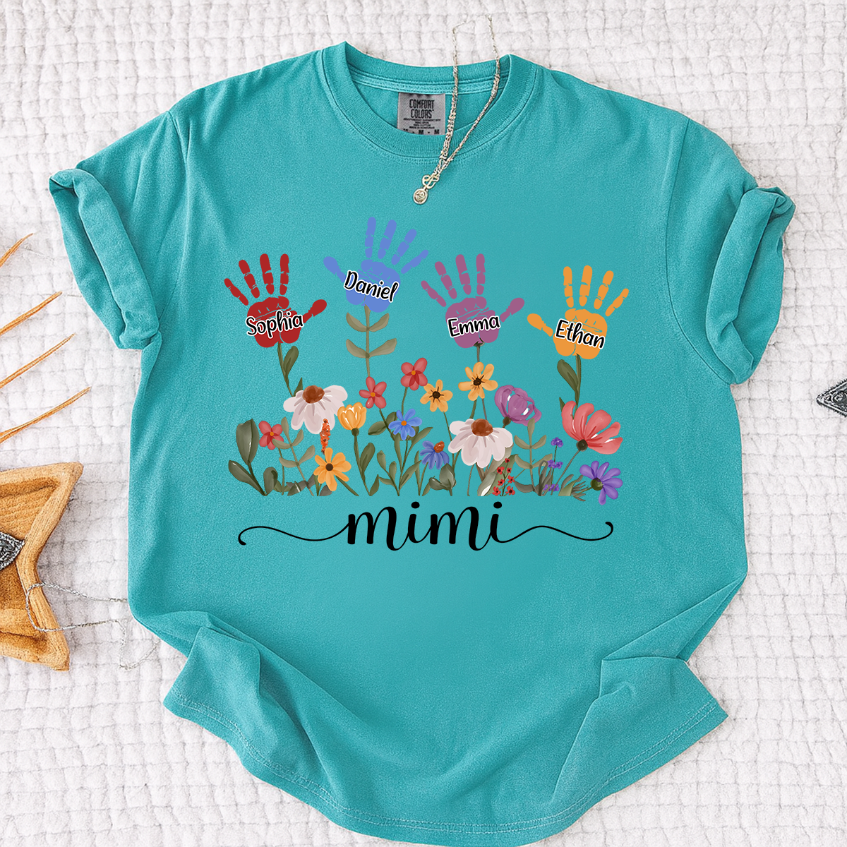 Comfort Colors Mimi Custom T Shirt with Kids Handprints, Personalized Family Names and Colorful Flower Design