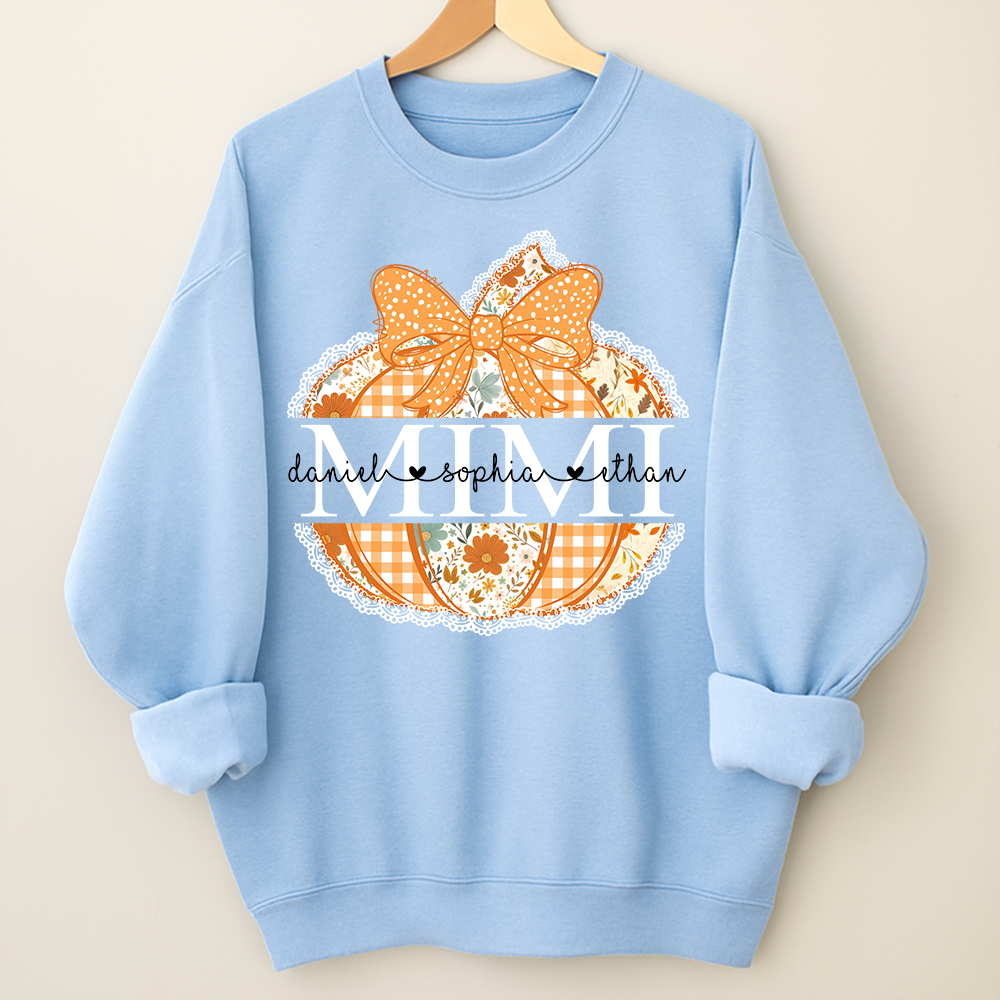 Personalized Mimi Pumpkin Shirt with Grandkids Names, Custom Fall Sweatshirt, Floral Pumpkin Grandma Gift, Thanksgiving Apparel