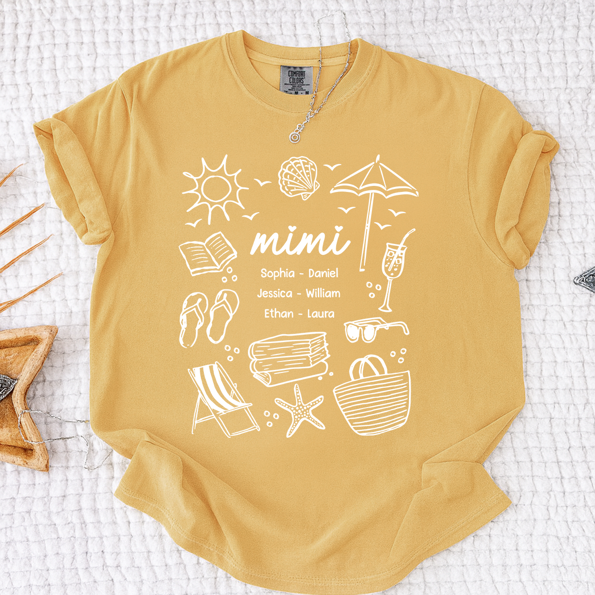 Comfort Colors Custom Mimi T Shirt with Grandchildren Names, Beach Life Graphic Tee, Personalized Summer Vacation Shirt for Women