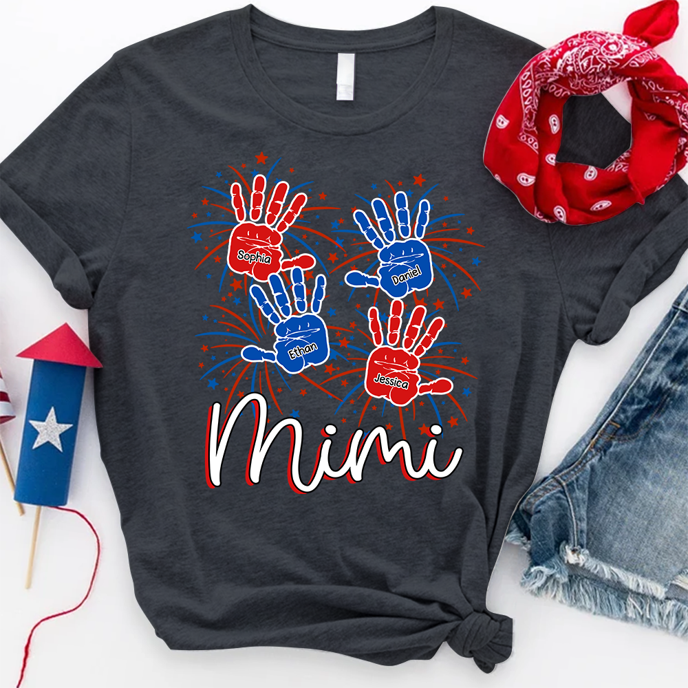 Personalized Mimi Shirt with Handprints, Custom Grandkids Names and Fireworks Design, Perfect Gift for Mimi