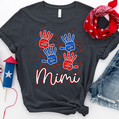 Personalized Mimi Shirt with Handprints, Custom Grandkids Names and Fireworks Design, Perfect Gift for Mimi