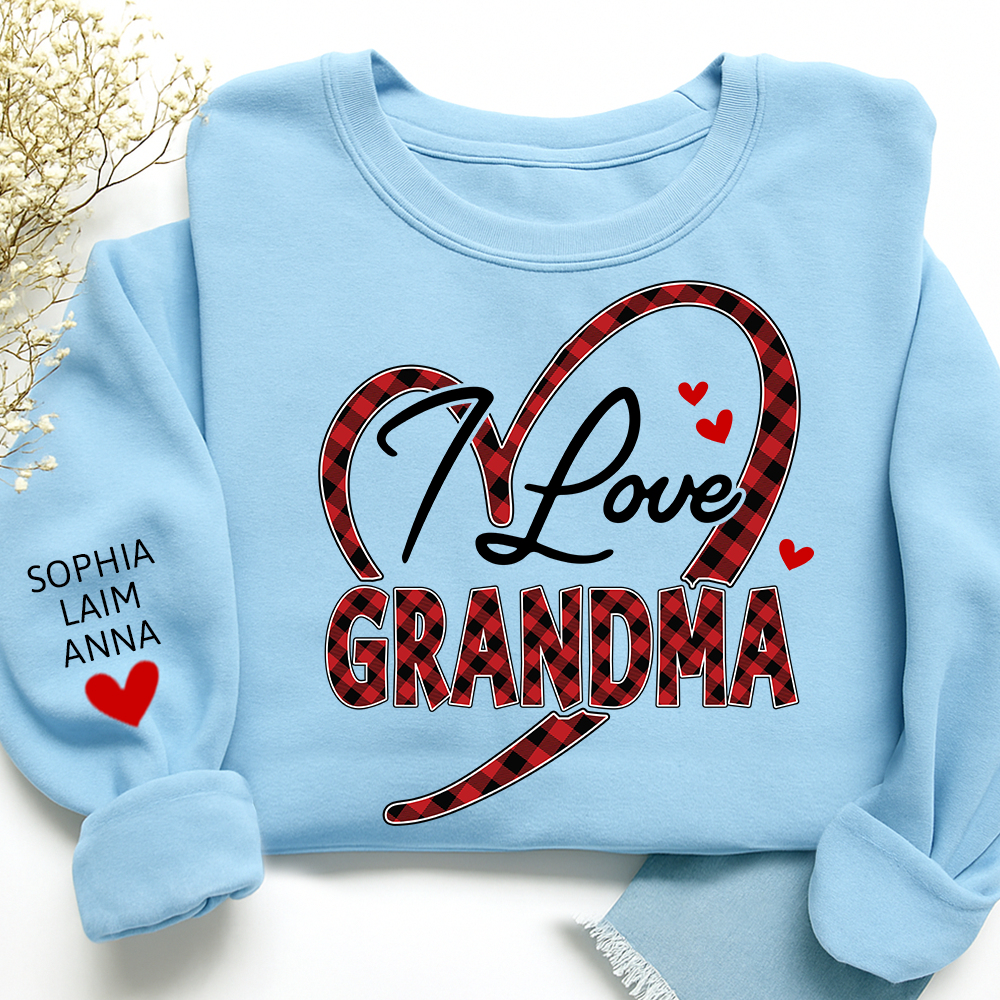 Custom Grandma Sweatshirt with Grandchildren Names, I Love Grandma Plaid Heart Crewneck
