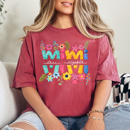 Personalized Mimi Shirt Custom Grandkids Names Floral Letter Graphic Tee Women Family Love Colorful Spring Casual Outfit Top