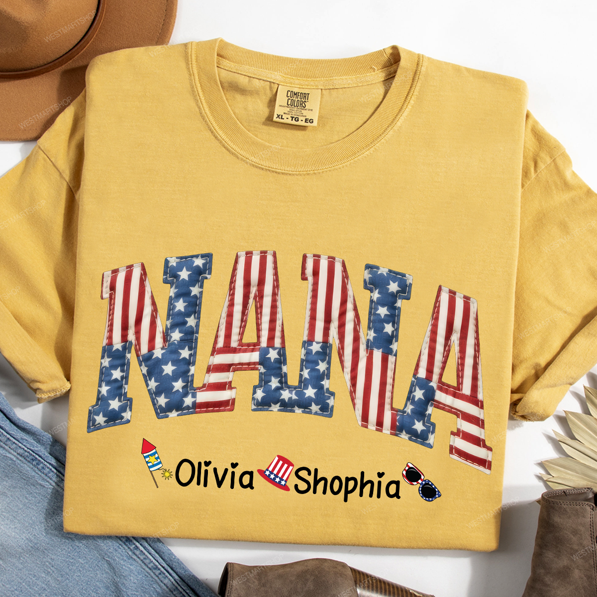 Comfort Colors Personalized Nana T-Shirt with American Flag Design – Custom 4th of July Gift for Nana with Grandkids Names
