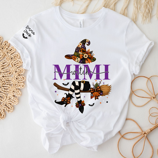 Personalized Grandma Mimi Halloween Shirt, Cute Witch and Pumpkin Design Tee, Custom Grandchildren Names T Shirt