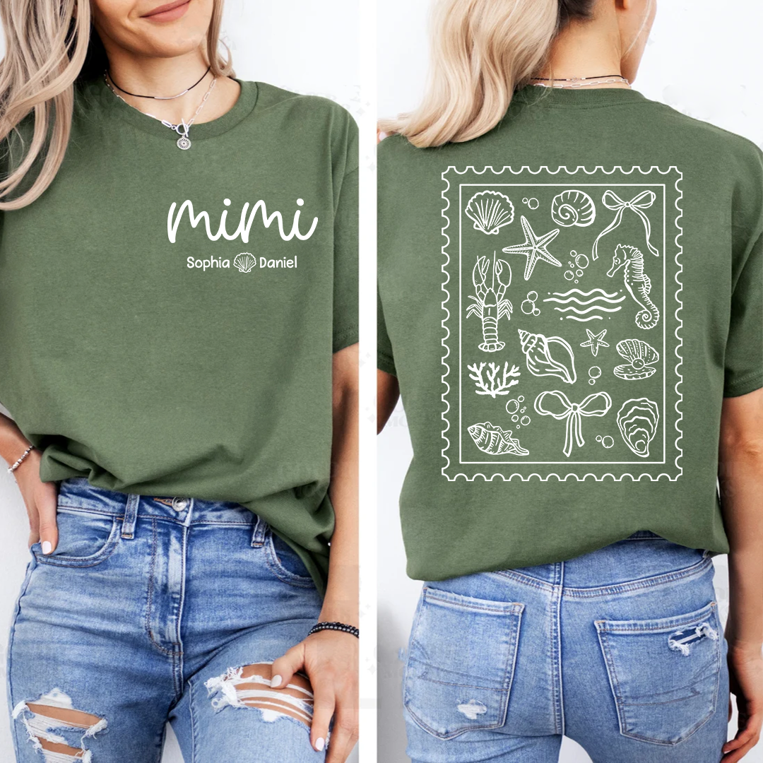 Custom Mimi Shirt with Grandchildren Names, Coastal Seashell Stamp Design Back Print Tee, Beach Lover Gift for Women