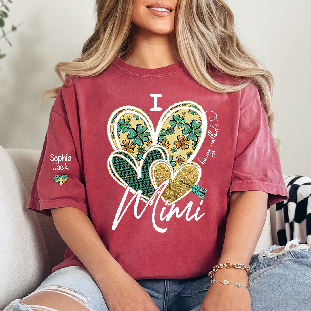 I Love to Be Called Mimi Heart Design T-shirt For St. Patrick's Day, Personalized Clover Design T-shirt for Grandma with Grandchildren's Names