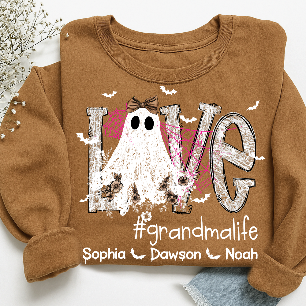 Personalized Mimi Life Halloween Sweatshirt, Custom Love Ghost Shirt with Kids Names