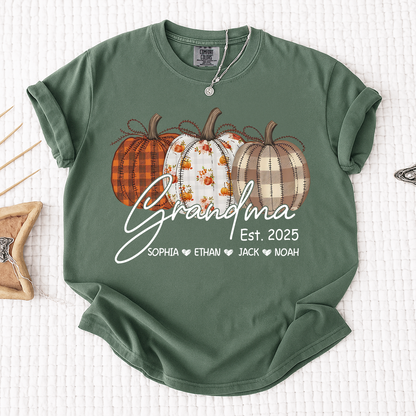 Comfort Colors® Personalized Grandma Pumpkin Tee, Custom Fall Shirt with Grandkids Names
