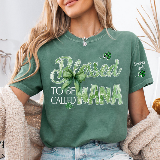 Personalized Nana T-shirt, Blessed to Be Called Nana Patrick's Day Green Clover Bow Design Gift for Grandma