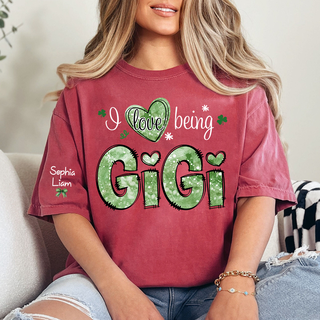 I Love Being Gigi Grandma Shirt, St Patrick’s Day Clover Tee, Personalized Gigi Family Shirt with Names