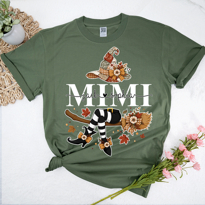 Personalized Mimi Witch Halloween Shirt, Fall Pumpkin Grandma Tee, Custom Grandkids Names T Shirt, Cute Autumn Gift for Mimi