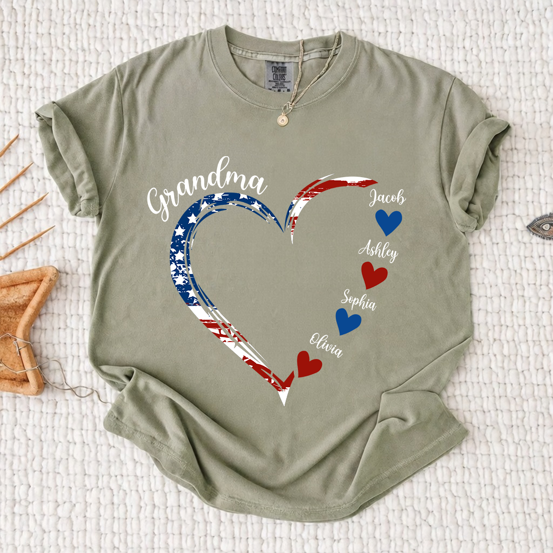 Comfort Colors Personalized Grandma Heart Shirt with Grandkids Names - Custom American Flag Heart Tee - Gift for Nana, Mimi, Gigi