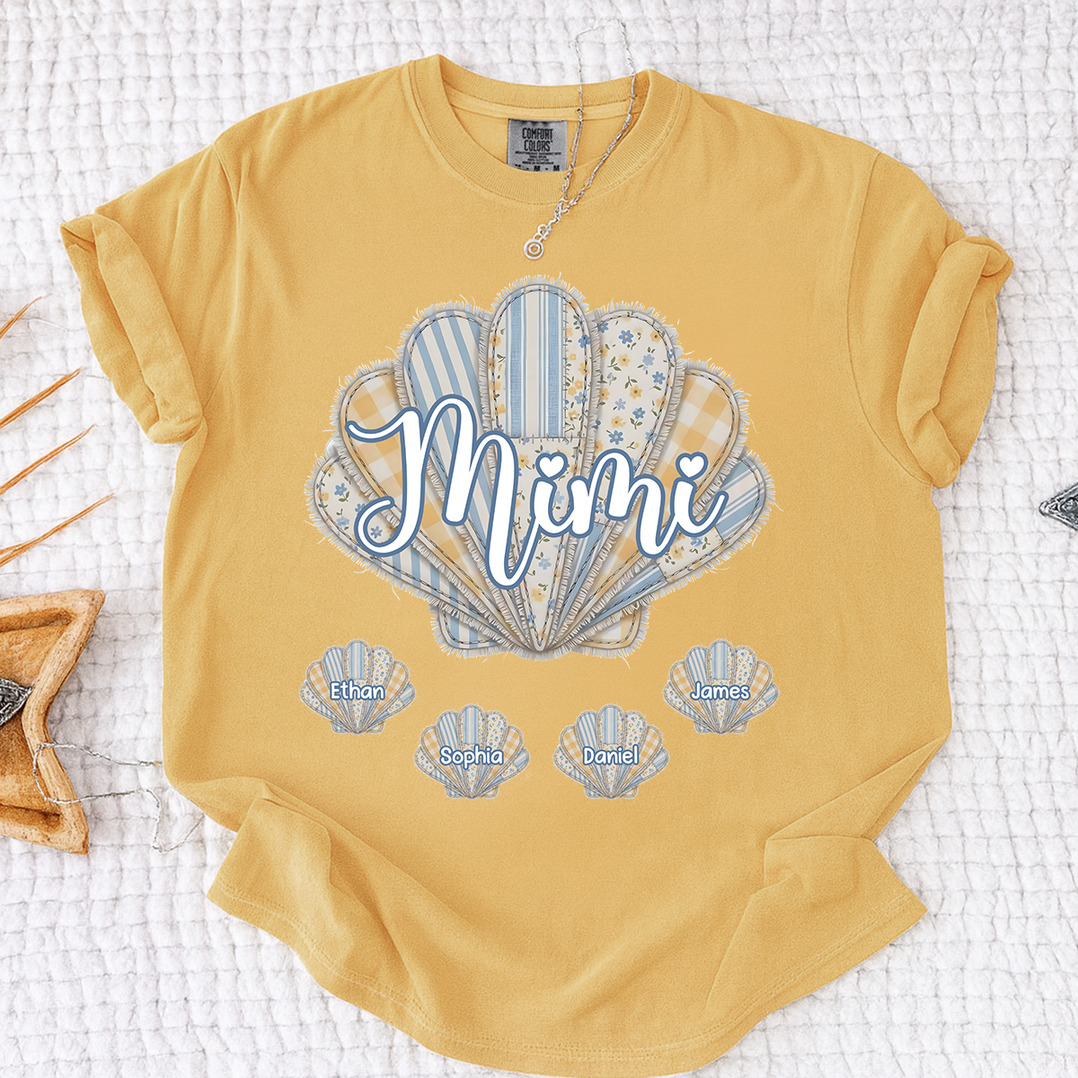 Comfort Colors Personalized Mimi Shirt with Grandkids Names, Custom Seashell Patchwork Graphic Tee, Beach Grandma Summer Family Shirt
