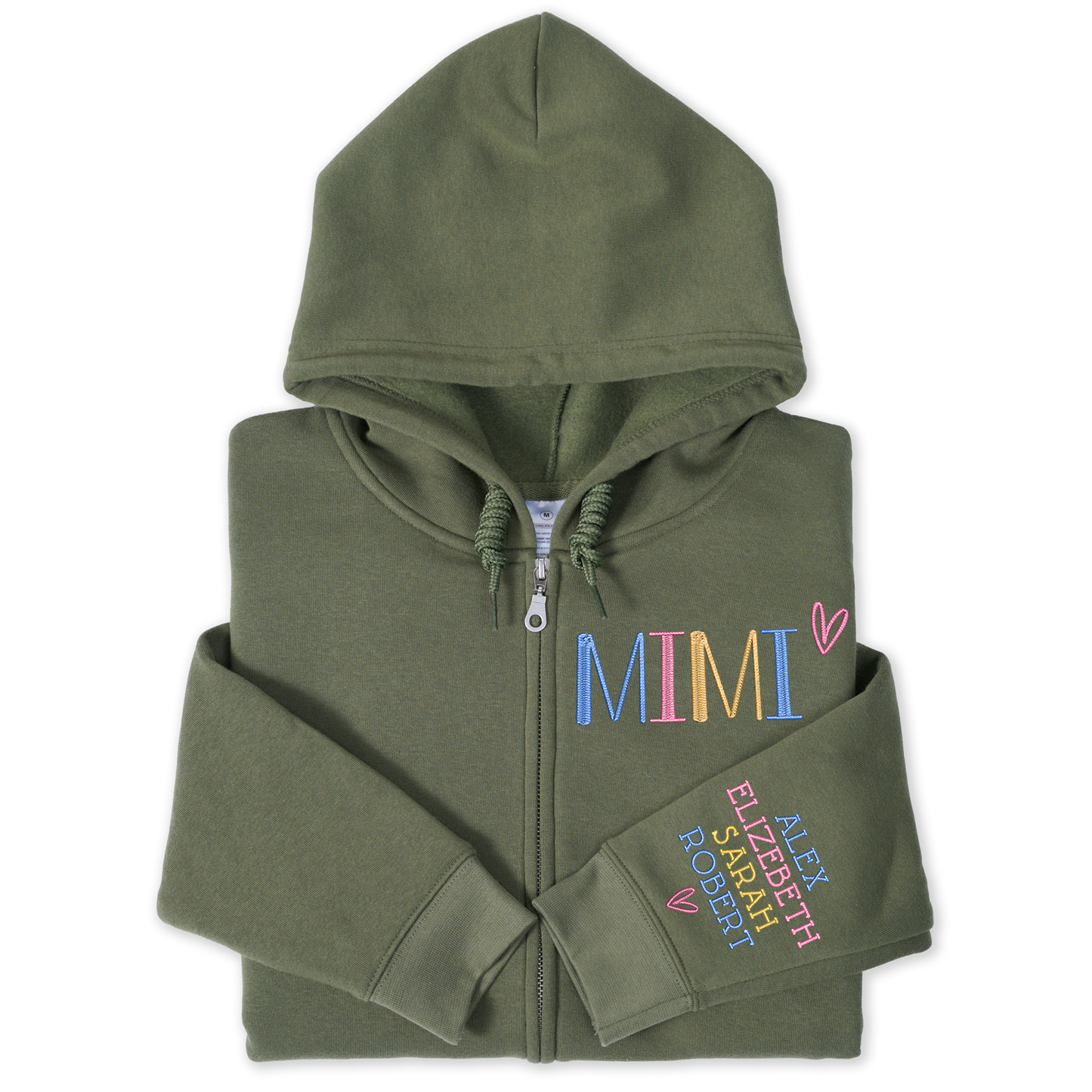Personalized Embroidered Zip Hoodie for Grandma Mimi, Custom Name & Kids Names Sleeve Stitching, Cozy Full Zip Hooded Sweatshirt Gift for Family
