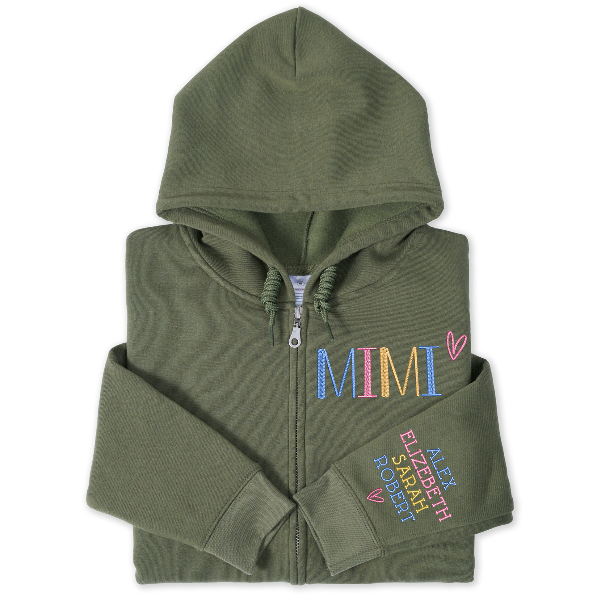 Personalized Embroidered Zip Hoodie for Grandma Mimi, Custom Name & Kids Names Sleeve Stitching, Cozy Full Zip Hooded Sweatshirt Gift for Family