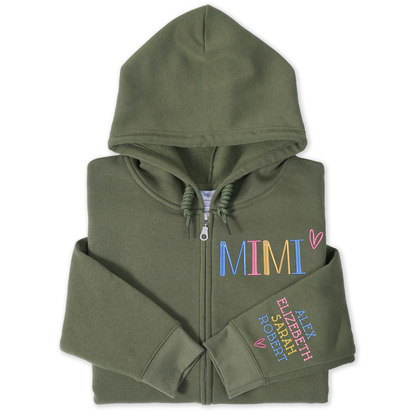 Personalized Embroidered Zip Hoodie for Grandma Mimi, Custom Name & Kids Names Sleeve Stitching, Cozy Full Zip Hooded Sweatshirt Gift for Family