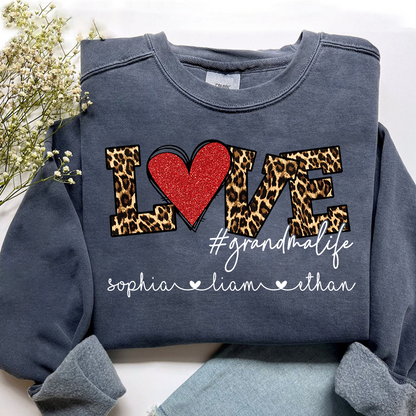Personalized Grandma Sweatshirt with Grandkids Names, LOVE Leopard Heart Design, Grandma Life Custom Family Crewneck