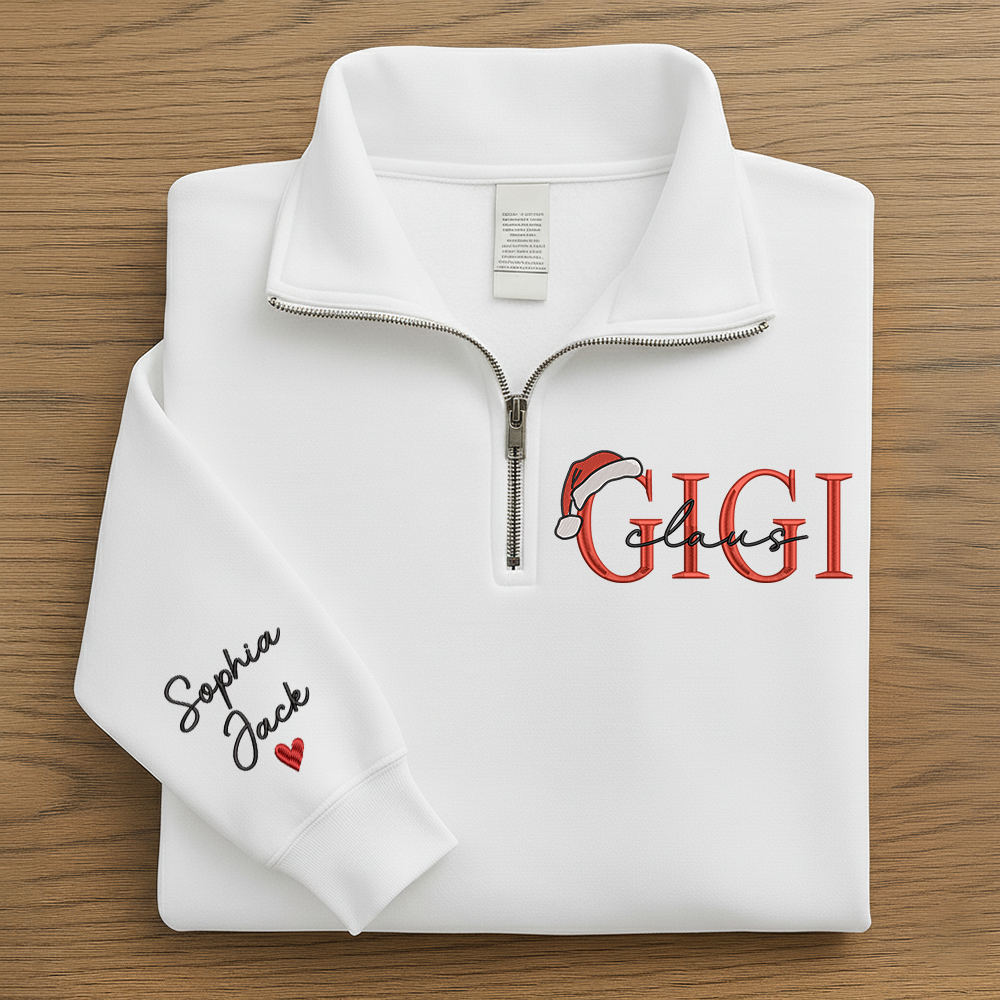 Personalized Christmas Gigi Claus Zip Embroidered Sweatshirt – Custom Grandma Gift With Grandkids Names