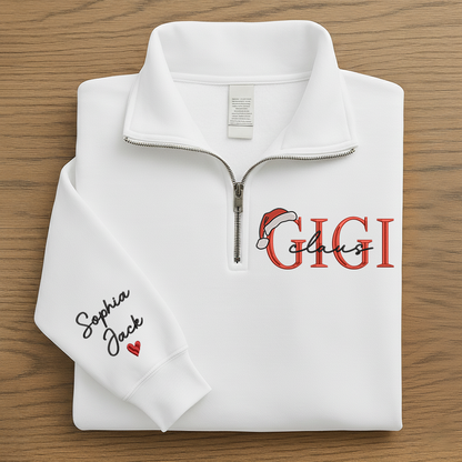 Personalized Christmas Gigi Claus Zip Embroidered Sweatshirt – Custom Grandma Gift With Grandkids Names