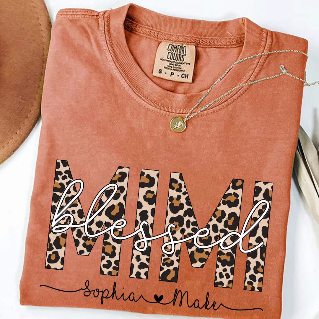 Comfort Colors® -Blessed Mimi Leopard Print T-Shirt – Personalized Grandma Tee with Grandkids' Names – Custom Gift for Mimi
