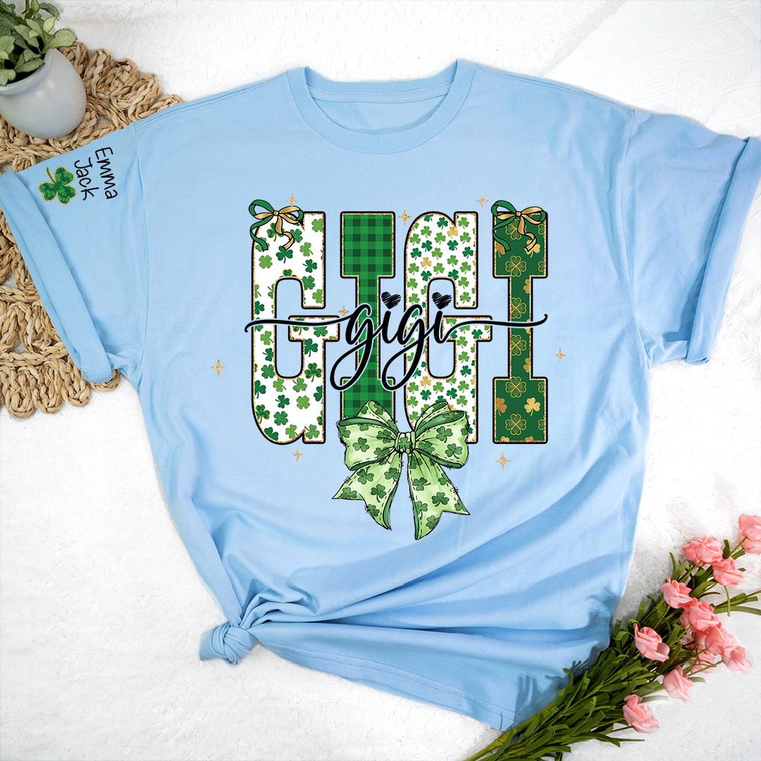 Lucky Gigi St Patrick’s Day T Shirt, Green Clover Bow Design, Gift For Grandma And Grandchildren