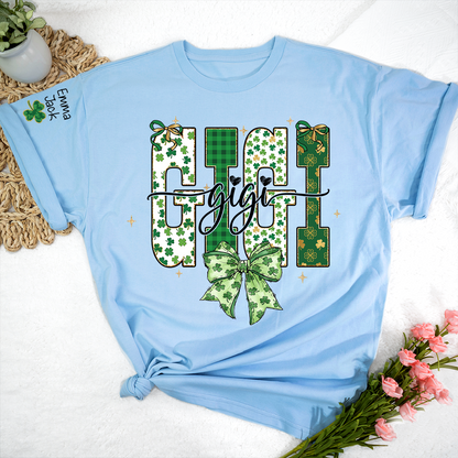Lucky Gigi St Patrick’s Day T Shirt, Green Clover Bow Design, Gift For Grandma And Grandchildren