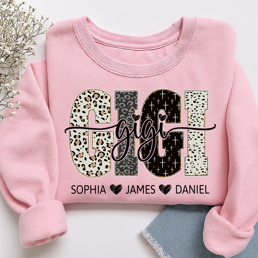 Personalized GiGi Sweatshirt With Grandkids Names, Custom Leopard Print Grandma Pullover