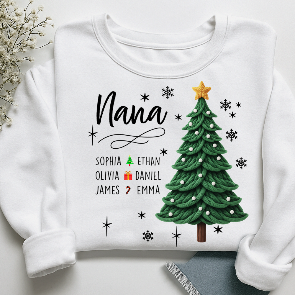 Nana Christmas Sweatshirt with Grandkids’ Names, Cute Tree Holiday Gift