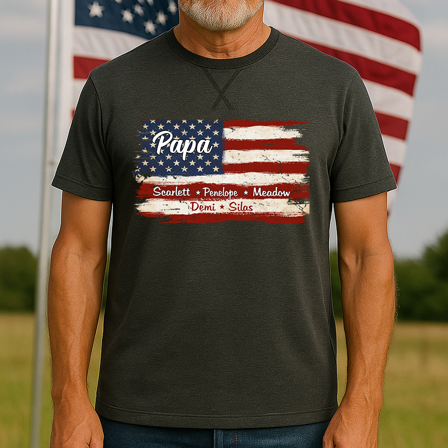 Grandpa With Grandkids Names 4th Of July Flag Classic X-Stitch Tee