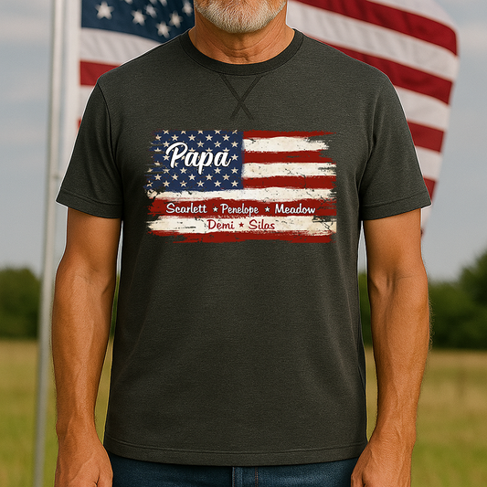 Grandpa With Grandkids Names 4th Of July Flag Classic X-Stitch Tee