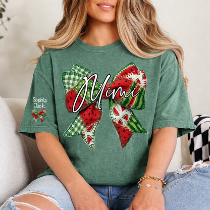 Mimi Watermelon Bow T-Shirt Personalized Grandma Shirt Summer Family Names Tee