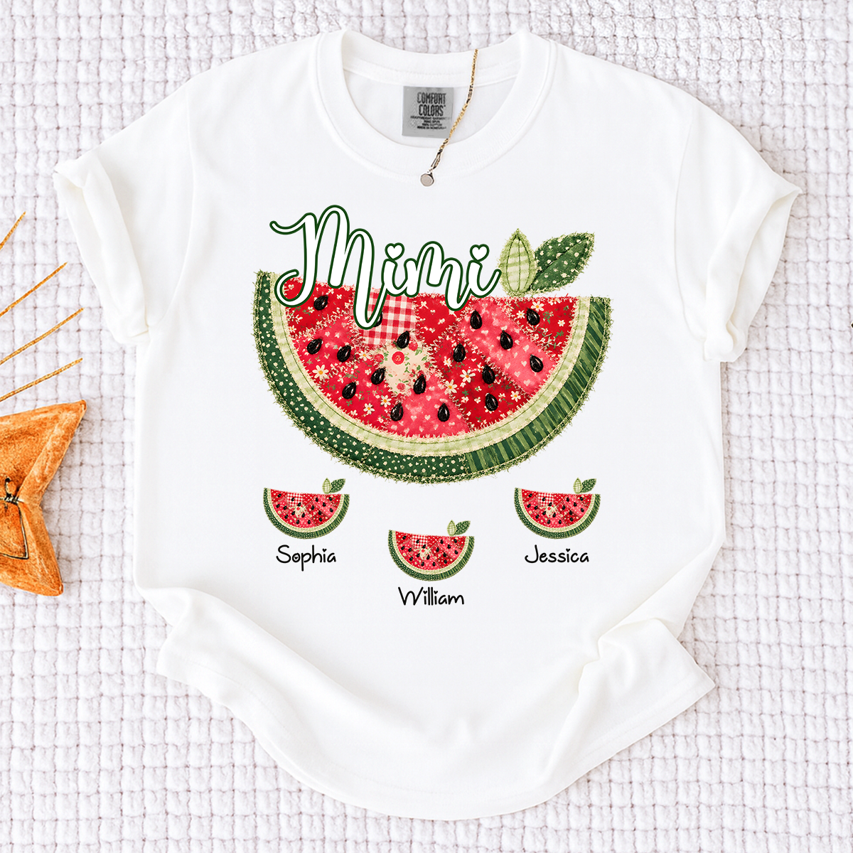 Comfort Colors Custom Mimi Watermelon Patchwork Tee, Personalized Grandma Shirt with Kids Names, Summer Vacation Family Gift for Women