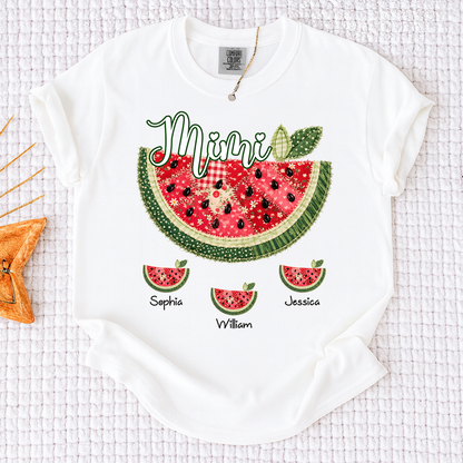 Comfort Colors Custom Mimi Watermelon Patchwork Tee, Personalized Grandma Shirt with Kids Names, Summer Vacation Family Gift for Women