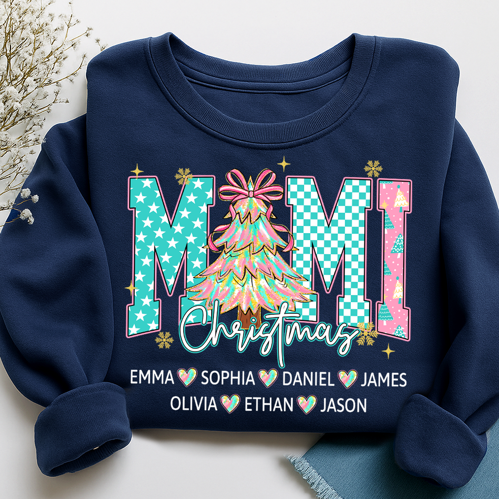 Christmas Tree Mimi Sweatshirt, Custom Family Name for Grandma And Kids