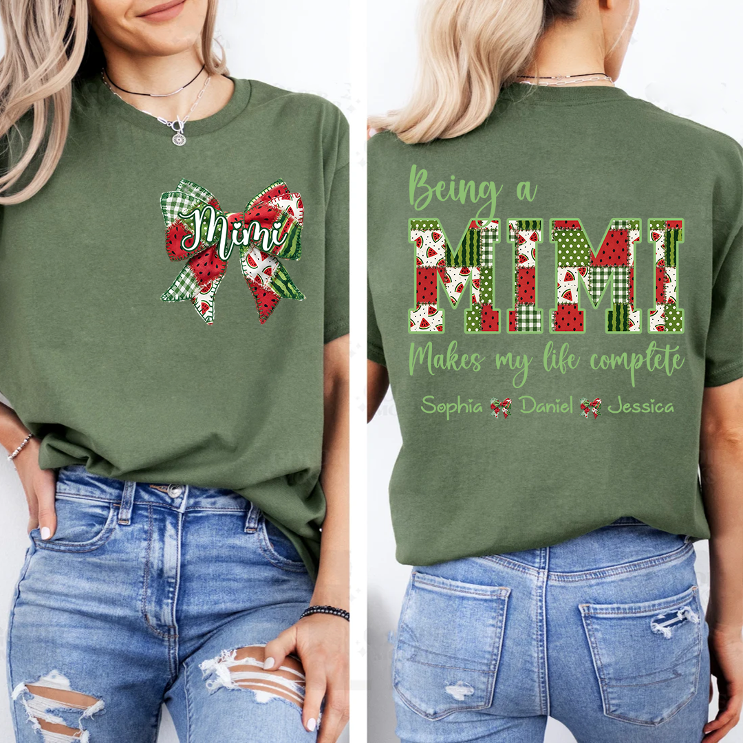 Personalized Mimi Watermelon Bow Shirt, Being a Mimi Makes My Life Complete T Shirt, Custom Grandma Gift with Grandkids Names