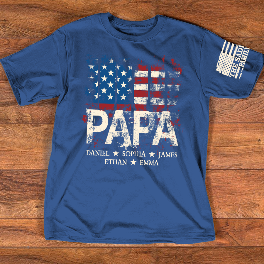 Personalized Papa Shirt for 4th of July – American Flag Custom Dad Gift with Family Name and Kids Names