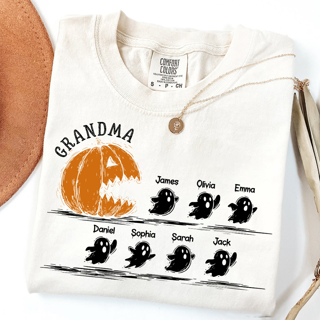 Personalized Grandma Halloween Shirt, Pumpkin And Ghosts Shirt With Grandkids Names