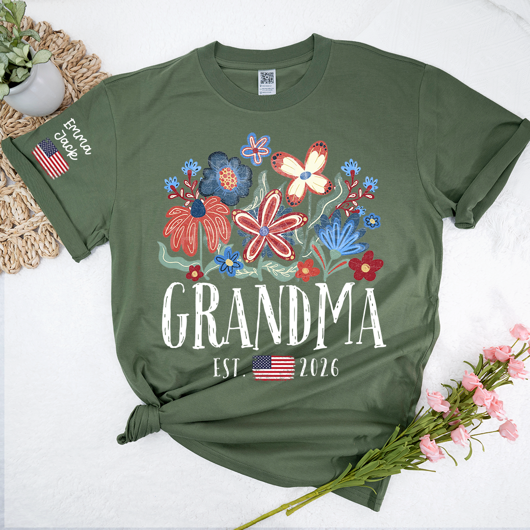 Personalized Flag America Grandma Floral Shirt with Custom Grandkids Names, Colorful Flower Design