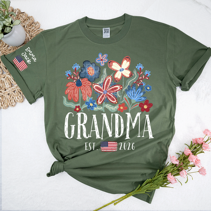 Personalized Flag America Grandma Floral Shirt with Custom Grandkids Names, Colorful Flower Design
