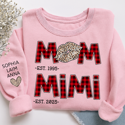Personalized Mom Mimi Sweatshirt, Custom Leopard Lips Plaid Letters