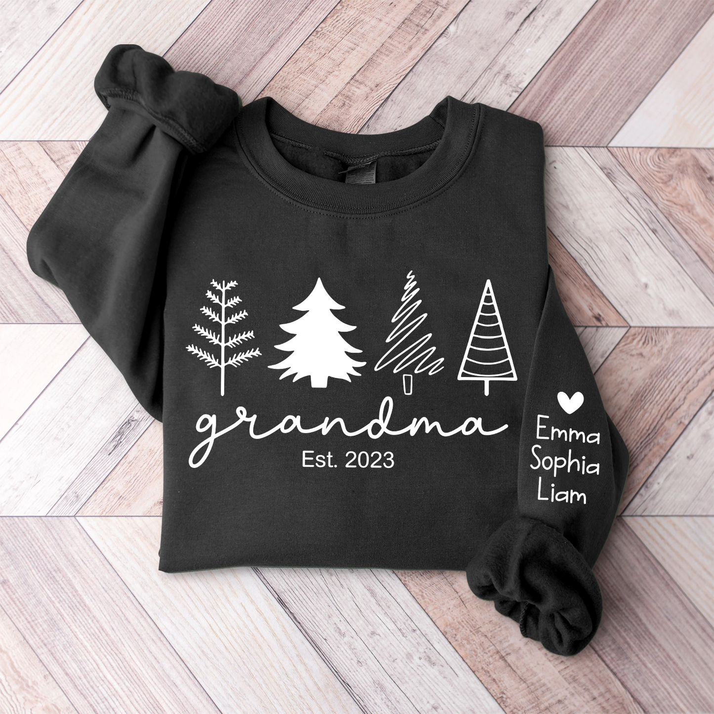 Christmas Tree Sweatshirt, Custom Grandma Est & Kids, Grandma Gift TH Sweatshirt