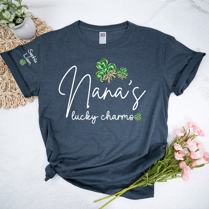 Nana’s Lucky Charms Shirt Personalized Grandma Name Tee with Shamrock Design St Patrick Theme Gift for Nana